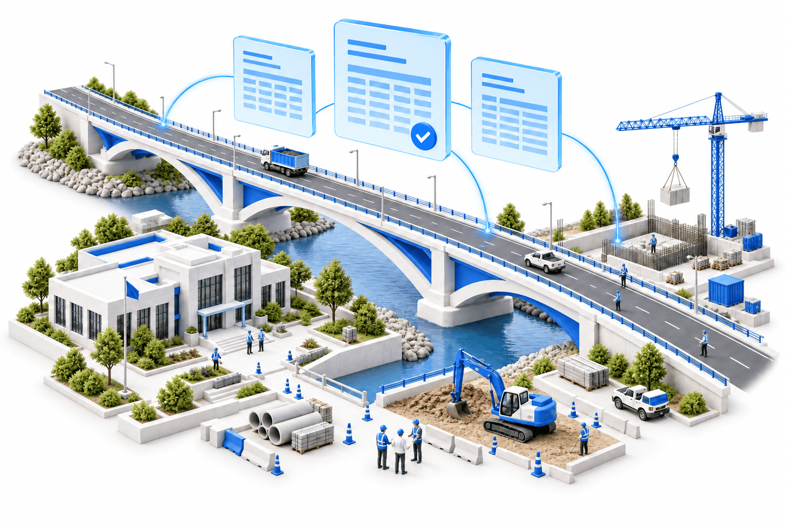 Illustration of a public works bridge, civic building, and construction crew connected to payroll document records