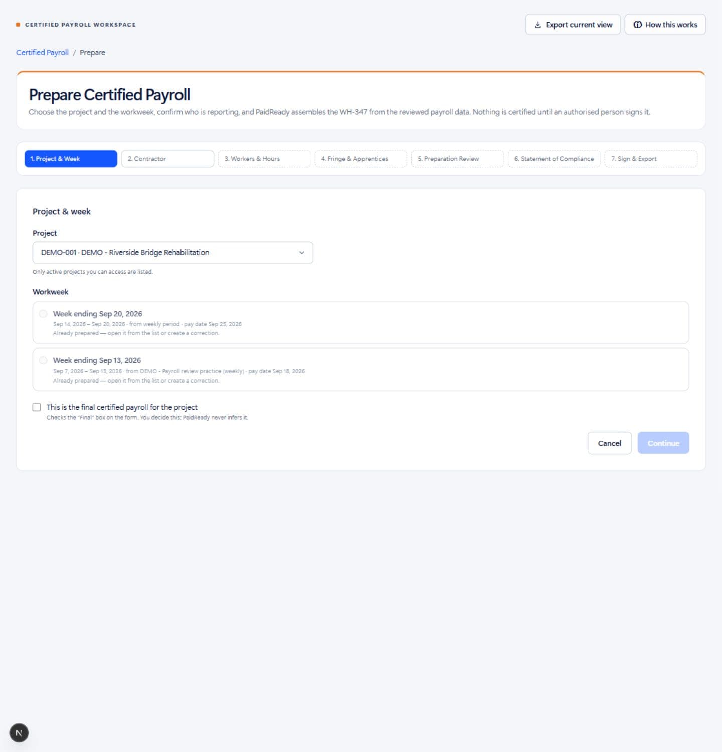Prepare Certified Payroll seven-step workflow